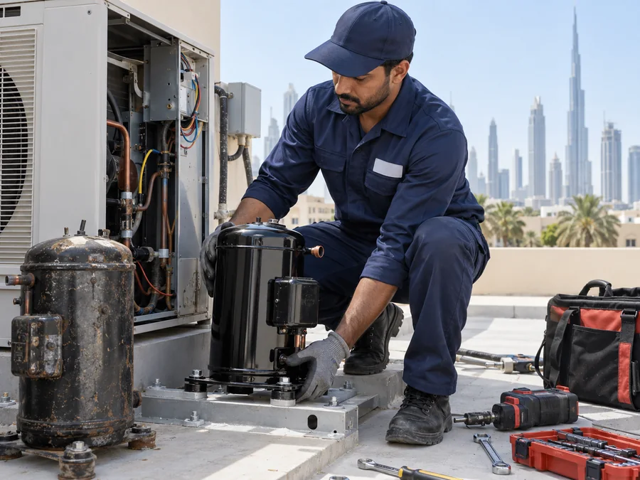 HVAC technician replacing an air-conditioning compressor