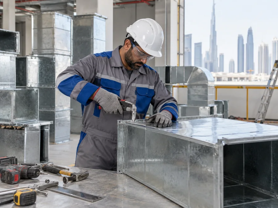 Technician repairing galvanized iron ductwork